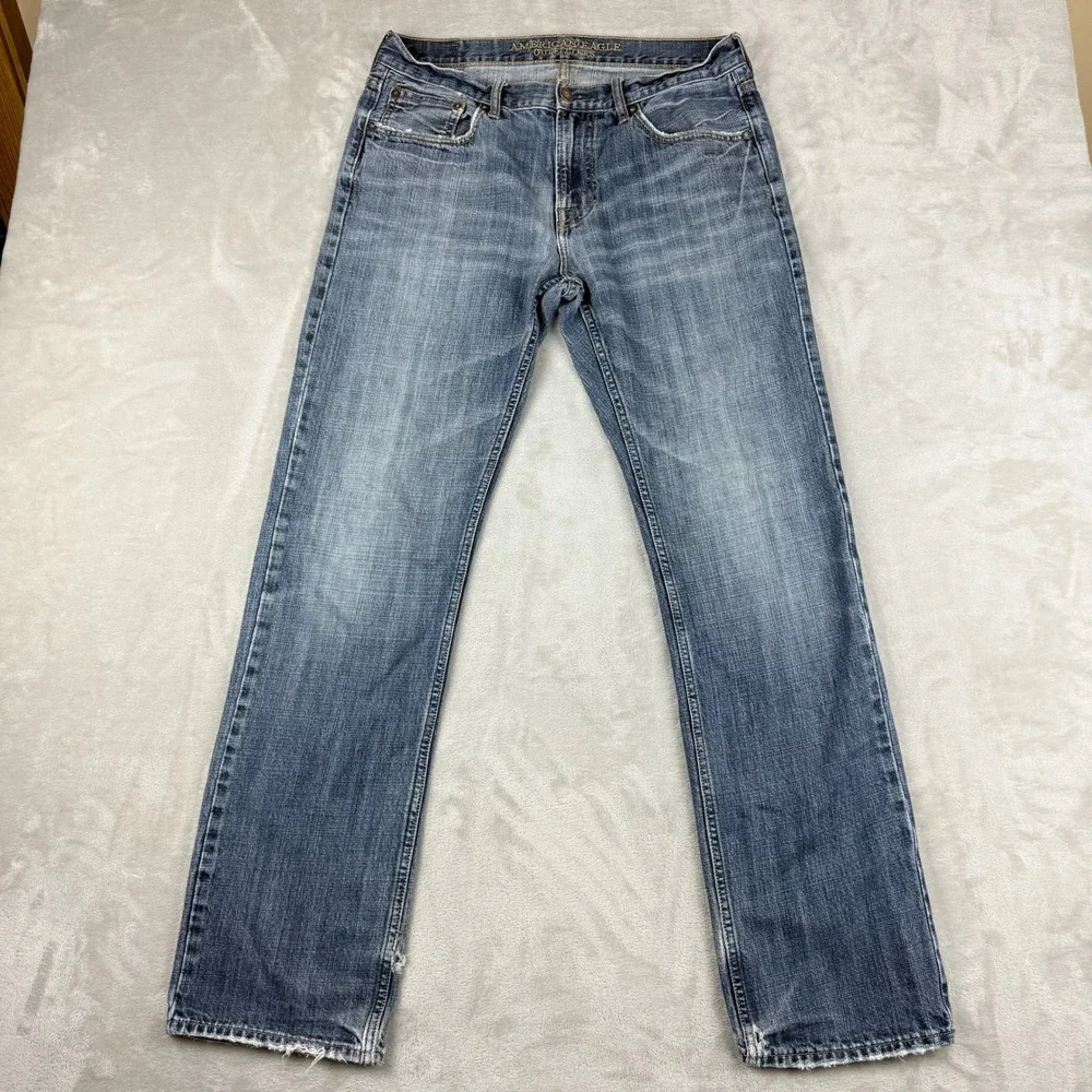 American Eagle Jeans Mens Meas 34x32.75 Blue Original Straight Grunge Distressed